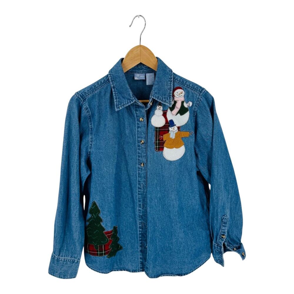 Vintage Holiday Editions Snowman Denim Shirt Blue Christmas Top Size M Medium